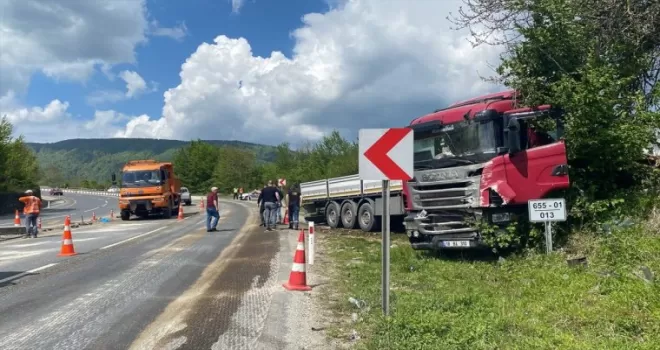 Düzce’de kontrolden çıkıp ağaca çarpan tırın sürücüsü yaralandı