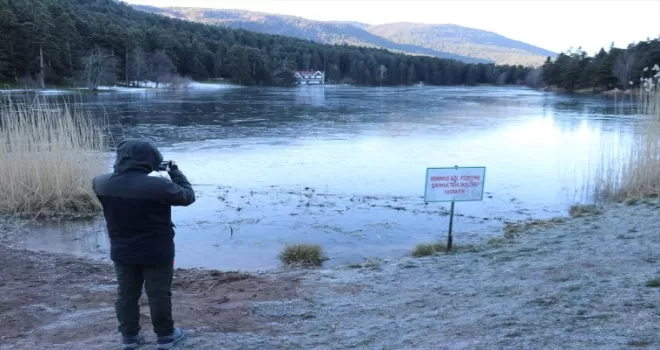 Gölcük Tabiat Parkı'ndaki gölün yüzeyi buz tuttu